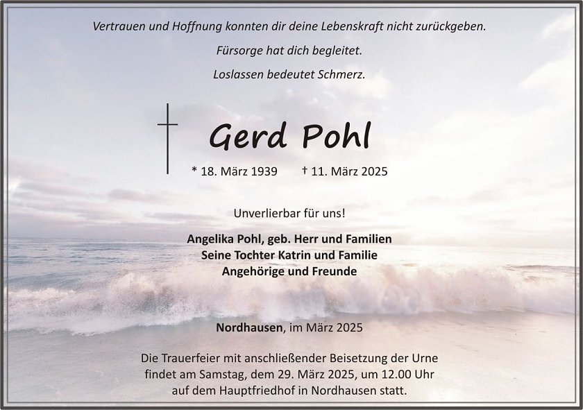 Traueranzeige Gerd Pohl (Foto: keine Angaben)