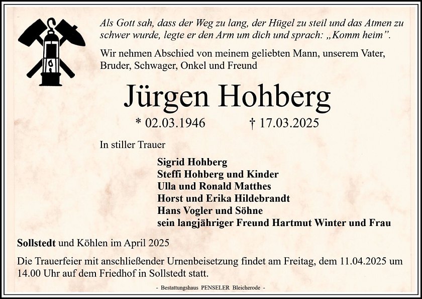 Traueranzeige J&uuml;rgen Hohberg (Foto: Bestattungshaus Penseler)