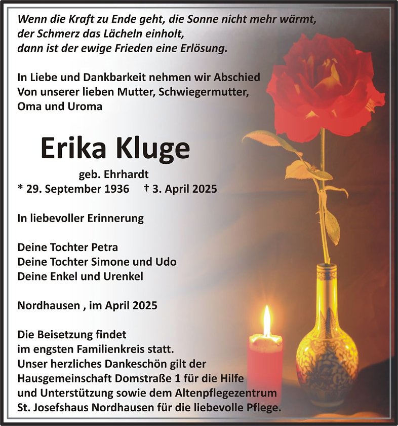 Traueranzeige Erika Kluge (Foto: keine Angaben)