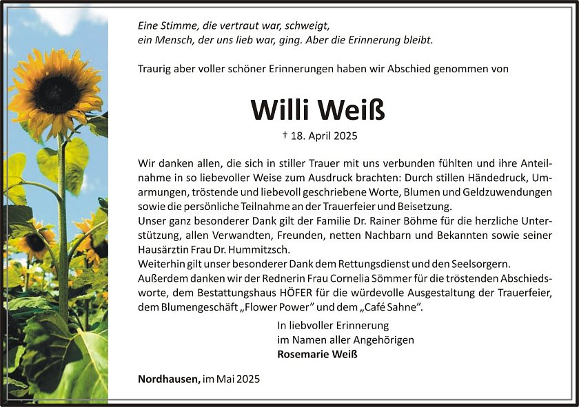 Dankanzeige Willi Wei&szlig; (Foto: H&Ouml;FER)