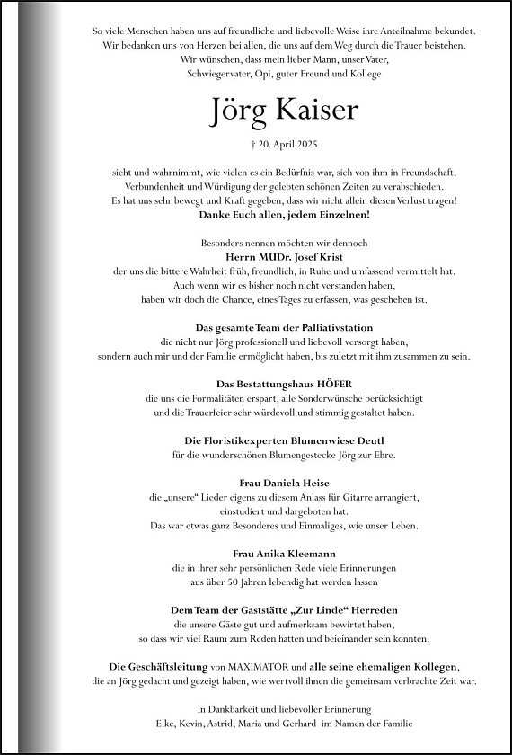 Dankanzeige J&ouml;rg Kaiser (Foto: H&Ouml;FER)
