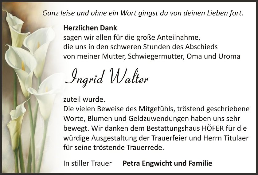 Dankanzeige Ingrid Walter (Foto: keine Angaben)
