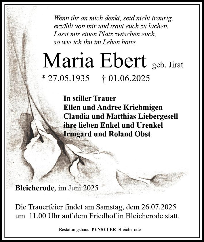 Traueranzeige Maria Ebert (Foto: Bestattungshaus PENSELER)