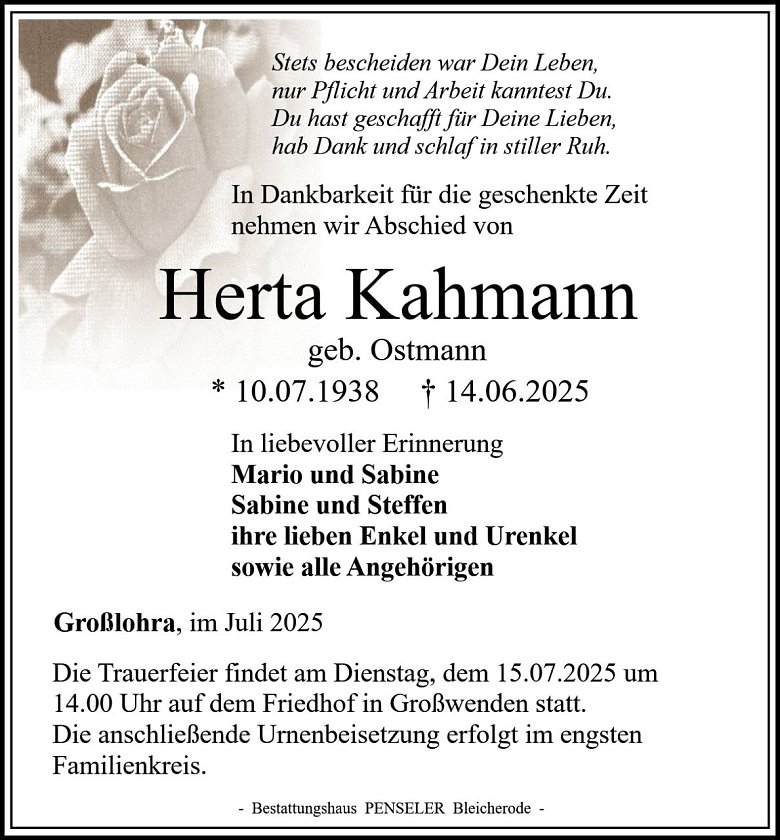 Traueranzeige Herta Kahmann (Foto: Bestattungshaus PENSELER)