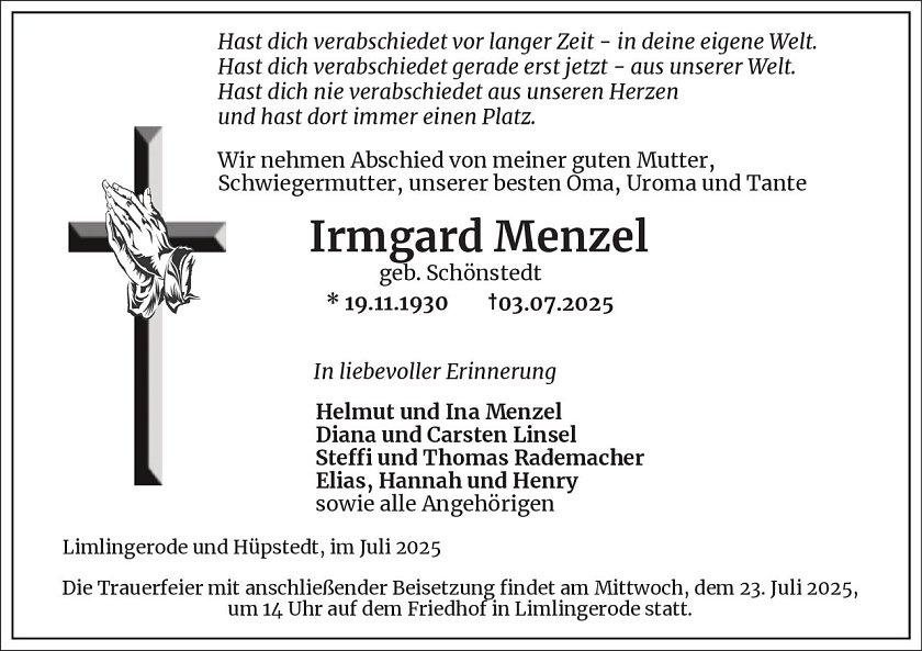 Traueranzeige (Foto: Bestattungsinstitut Westerhausen)