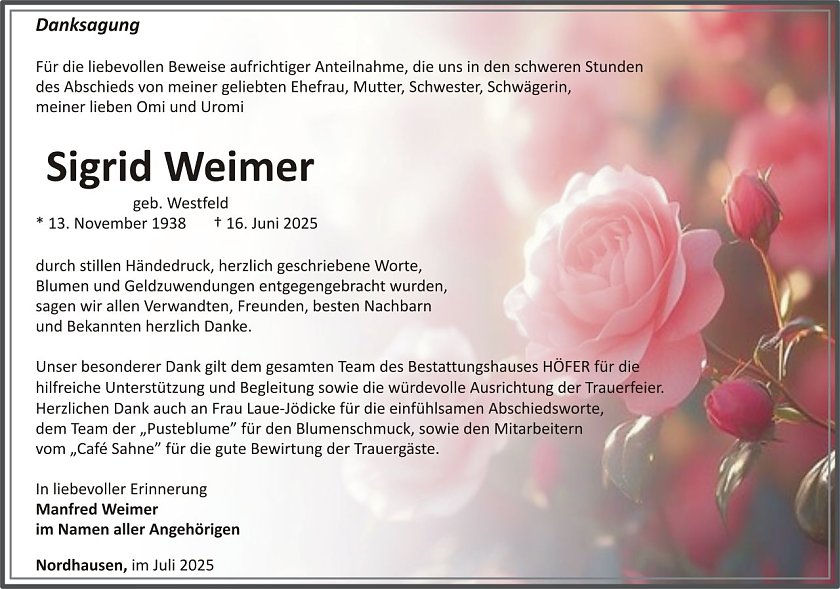 Dankanzeige Sigrid Weimer (Foto: keine Angaben)