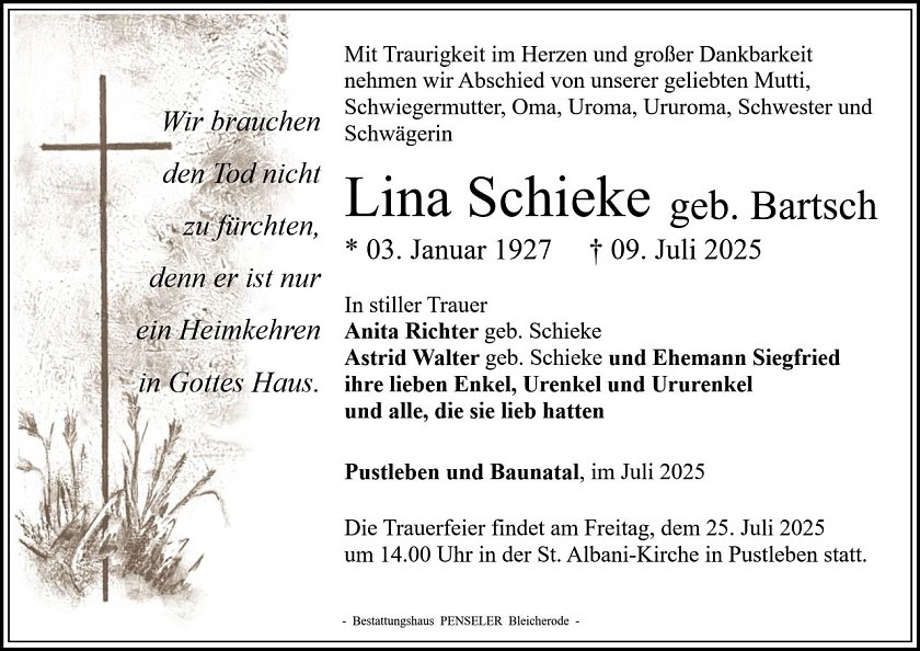 Traueranzeige Frau Liane Schieke (Foto: Bestattungshaus PENSELER)