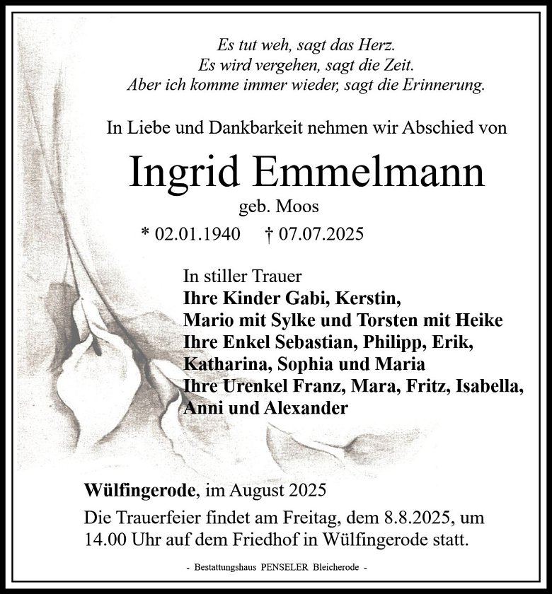 Trauerenzeige Inghrid Emmelmann (Foto: Bestattungshaus PENSELER)