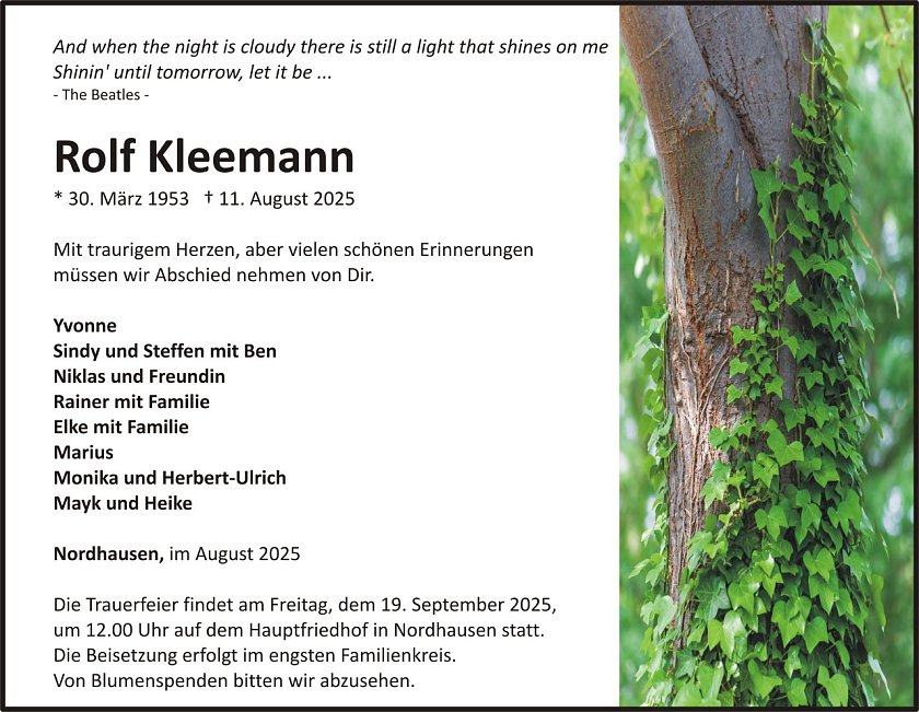 Traueranzeige Rolf Kleemann (Foto: H&Ouml;FER)