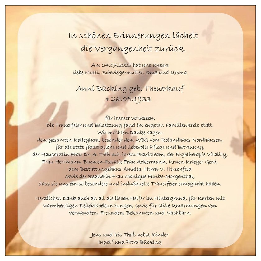 Danksagung Anni B&uuml;cking (Foto: Amalia Bestattungen)