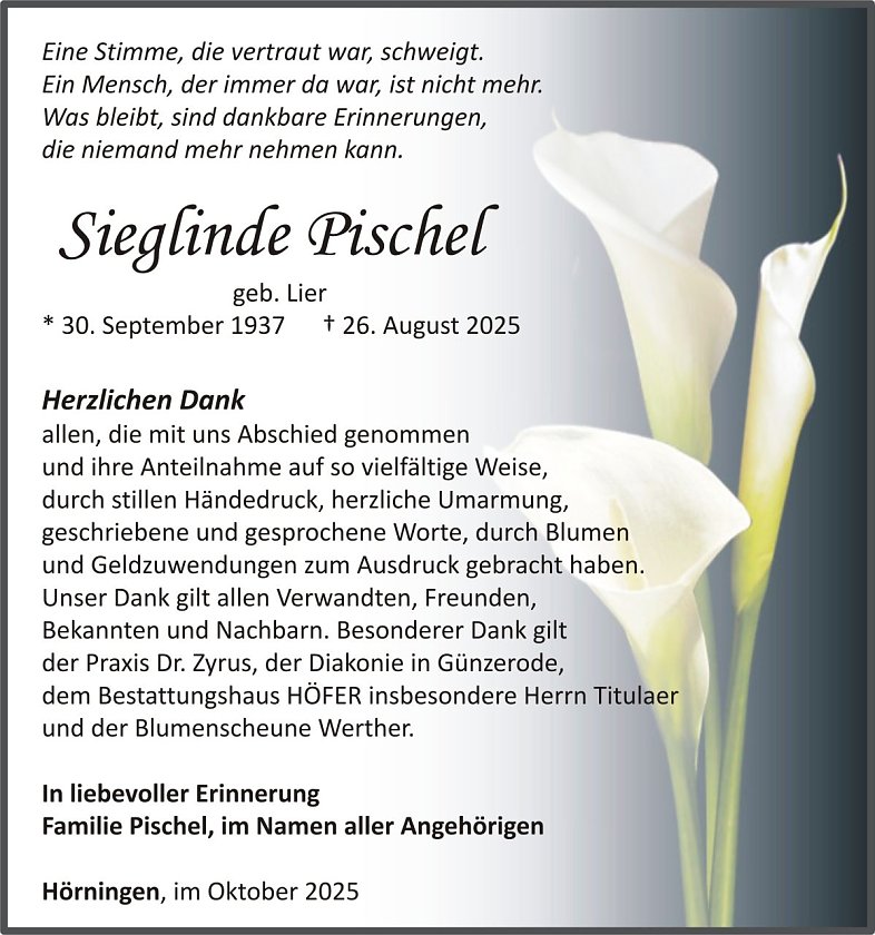 Dankanzeige Sieglinde Pischel (Foto: keine Angaben)