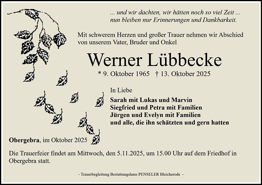 Traueranzeige Werner L&uuml;bbecke (Foto: Bestattungshaus PENSELER)