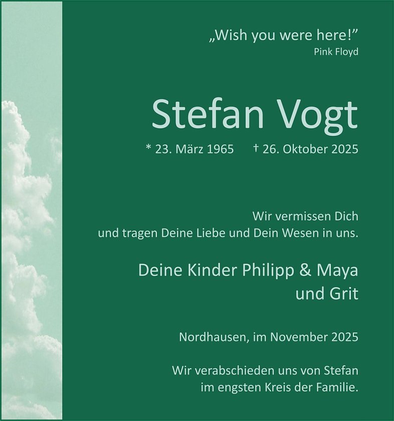 Traueranzeige Stefan Vogt (Foto: keine Angaben)