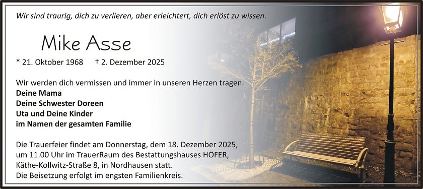 Traueranzeige Mike Asse (Foto: keine Angaben)