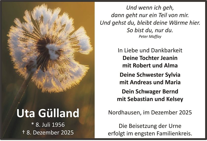 Traueranzeige Uta G&uuml;lland (Foto: keine Angaben)