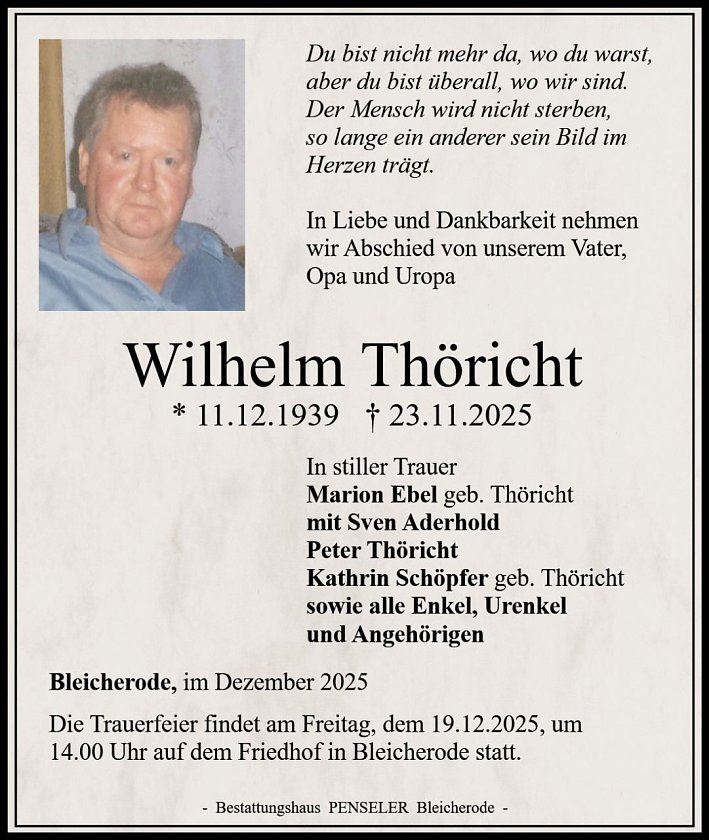 Traueranzeige Wilhelm Th&ouml;richt (Foto: Bestattungshaus Penseler)