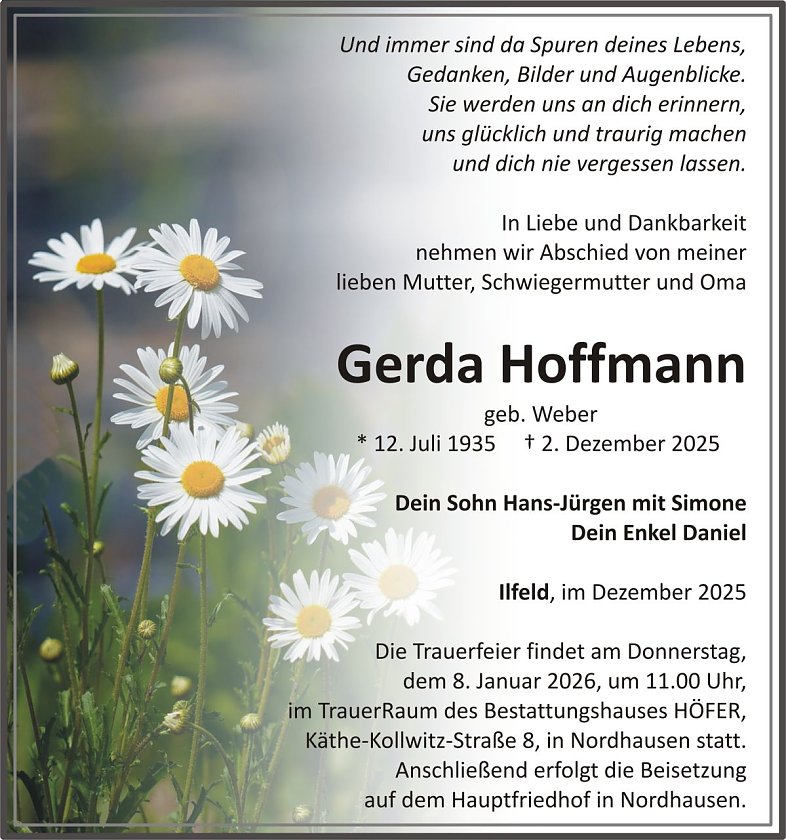 Traueranzeige Gerda Hoffmann (Foto: keine Angaben)