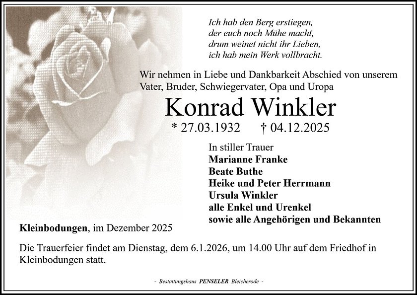 Traueranzeige Konrad Winkler (Foto: Bestattungshaus PENSELER)