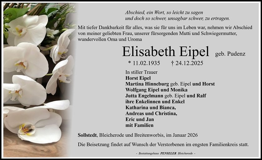 Traueranzeige Frau Elisabeth Eipel (Foto: Bestattungshaus PENSELER)