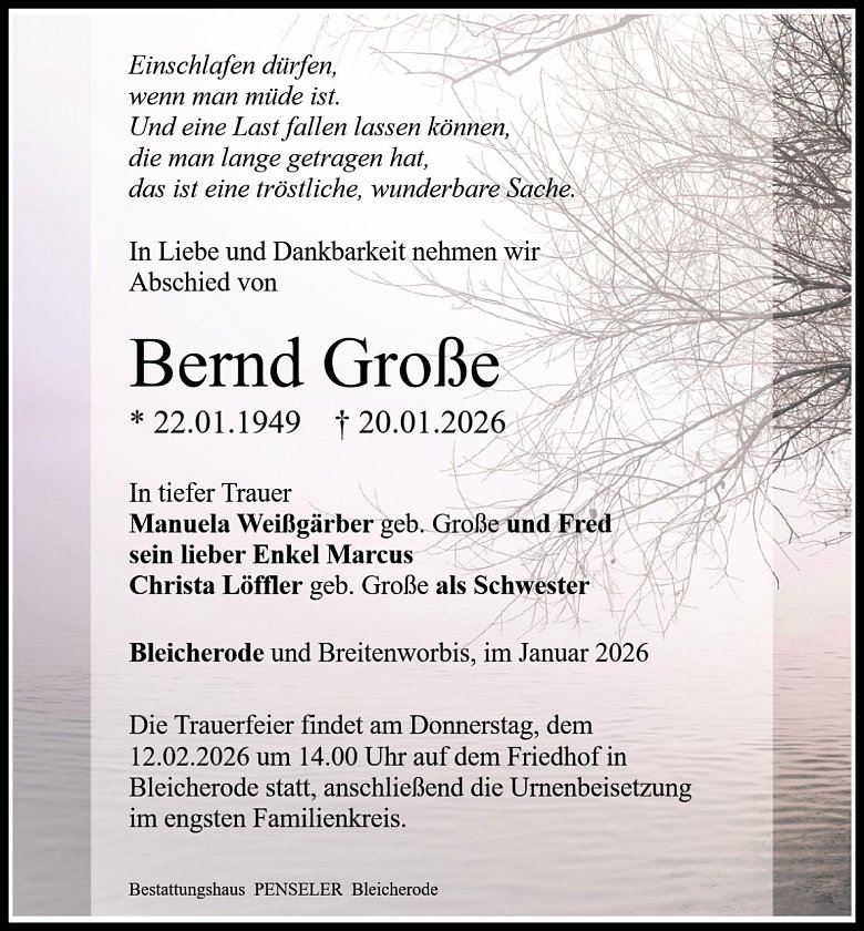 Traueranzeige Brnd Gro&szlig;e (Foto: Bestattungshaus PENSELER)
