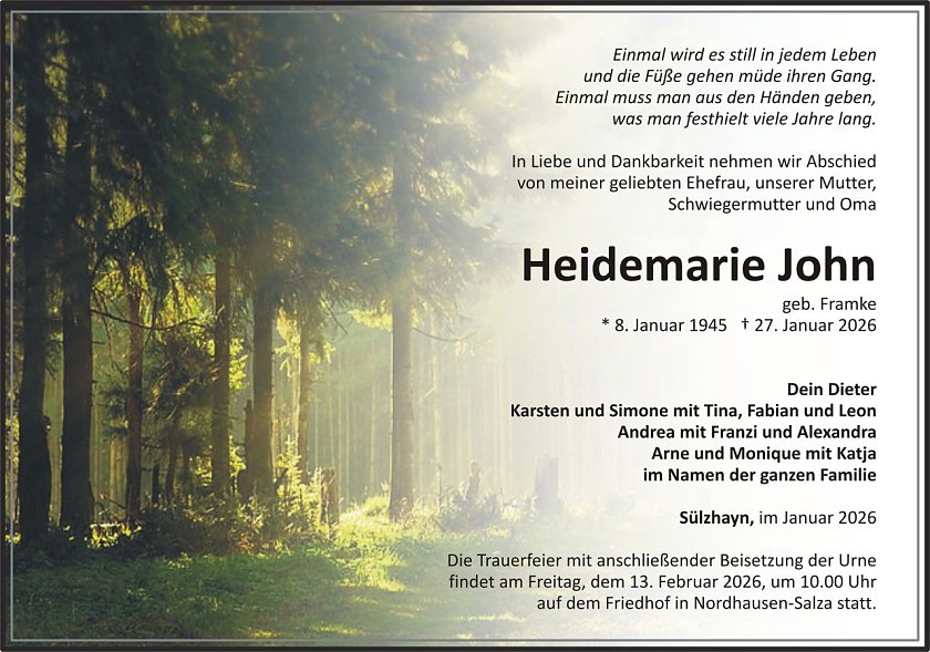 Traueranzeige Heidemarie John (Foto: keine Angaben)