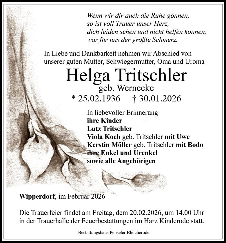 Traueranzeige Frau Helga Tritschler (Foto: Bestattungshaus PENSELER)