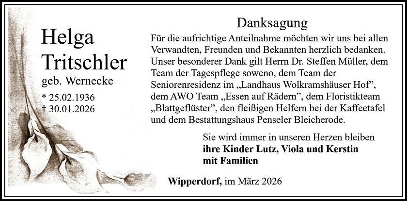 Danksagung  im Trauerfall Helga Tritschler (Foto: Bestattungshaus PENSELER)