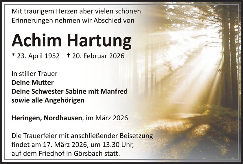 Traueranzeige Achim Hartung (Foto: keine Angaben)