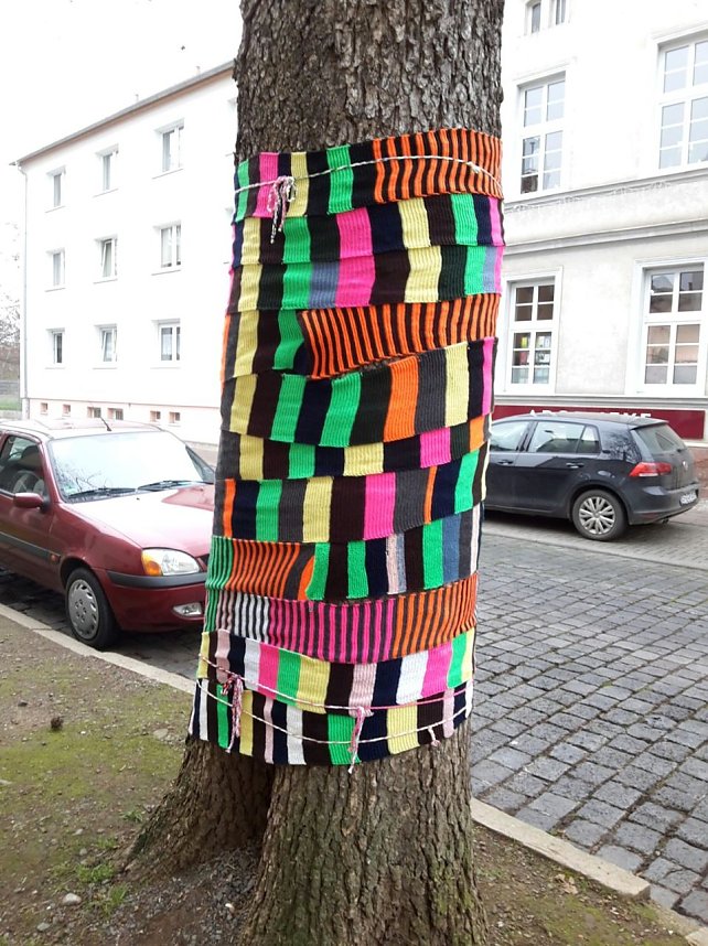 Die Apotheke am Theater versucht sich im "Urban Knitting" und packt ihre B&auml;ume warm ein