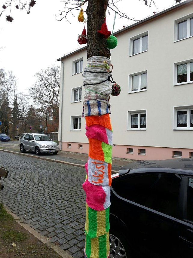 Die Apotheke am Theater versucht sich im "Urban Knitting" und packt ihre B&auml;ume warm ein