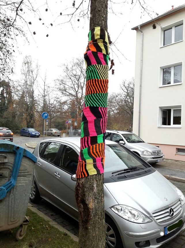Die Apotheke am Theater versucht sich im "Urban Knitting" und packt ihre B&auml;ume warm ein