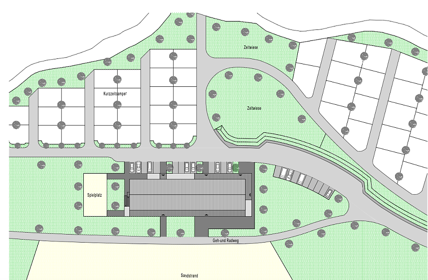 Lageplan des zentralen Geb&auml;udes am neuen Campingplatz