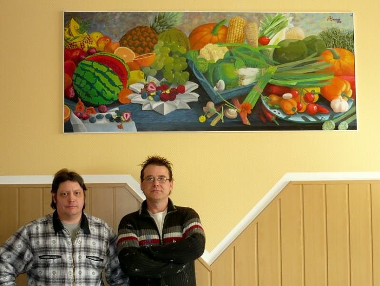 Gem&auml;lde, K&uuml;nstler, Belegschaft und G&auml;ste im Kochhaus