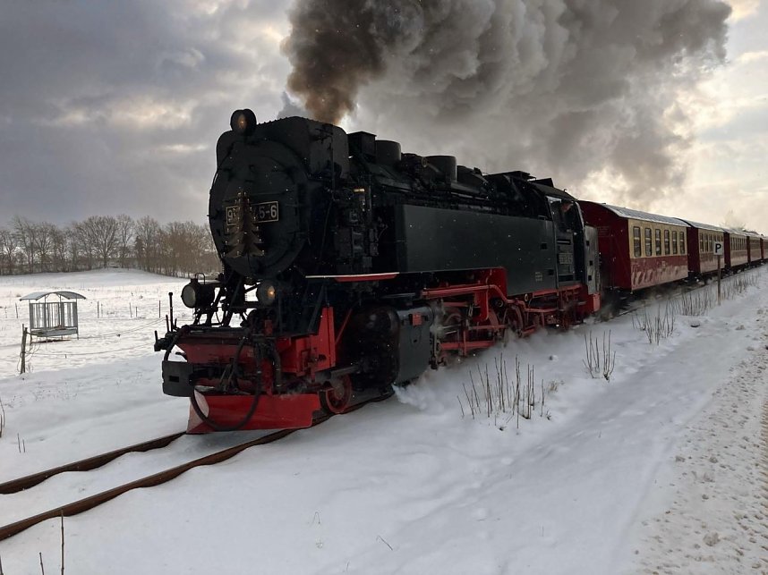 Die HSB f&auml;hrt durch eine Schneelandschaft. 